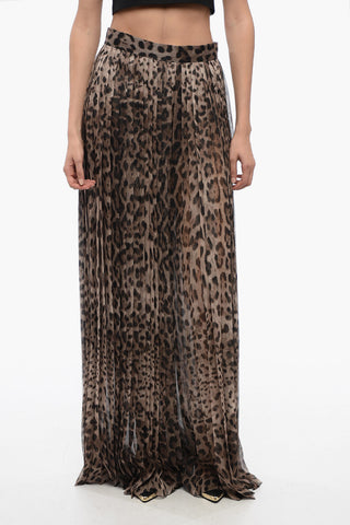 Pantaloni Palazzo in Chiffon Plissè con Motivo Animalier