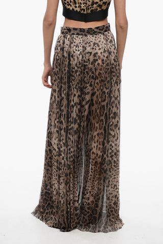 Pantaloni Palazzo in Chiffon Plissè con Motivo Animalier