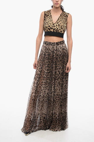 Pantaloni Palazzo in Chiffon Plissè con Motivo Animalier