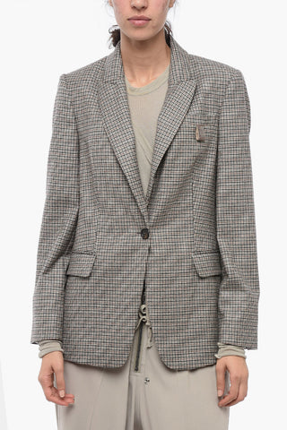 Houndstooth Virgin Wool Blend Blazer with Peak Lapel