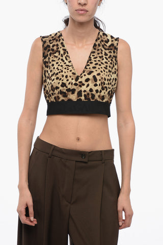 Animal Patterned Silk Crop Top with Logoed Elastic Waistband