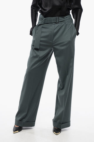 Belt Detailed Wide-Leg Pants with Cuffed Hem