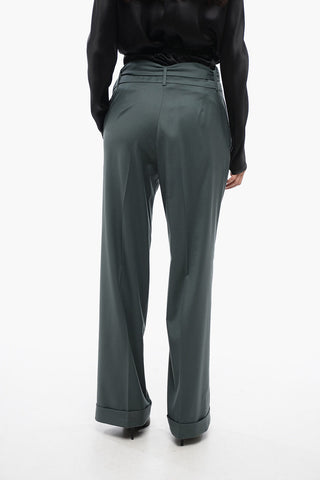 Belt Detailed Wide-Leg Pants with Cuffed Hem