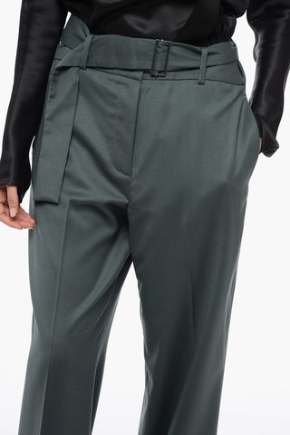 Belt Detailed Wide-Leg Pants with Cuffed Hem