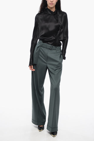 Belt Detailed Wide-Leg Pants with Cuffed Hem