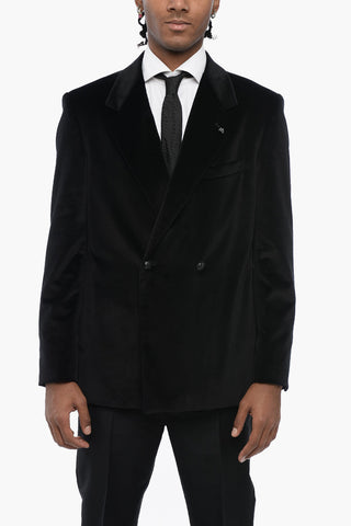 Double-breasted Velour Blazer with Notch Lapel
