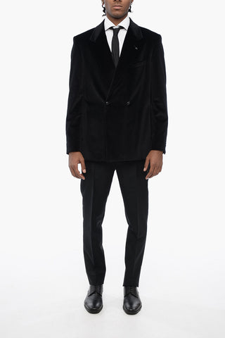 Double-breasted Velour Blazer with Notch Lapel