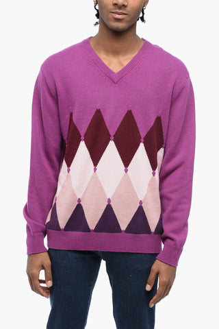 V-Neck Argyle Motif Cashmere Sweater