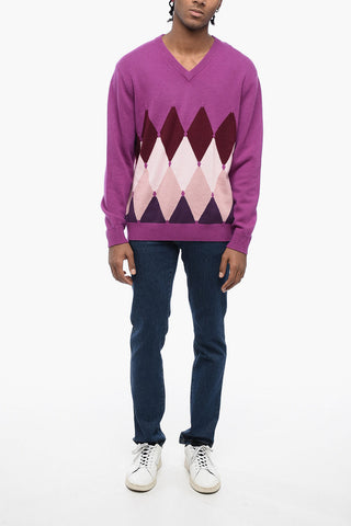 V-Neck Argyle Motif Cashmere Sweater