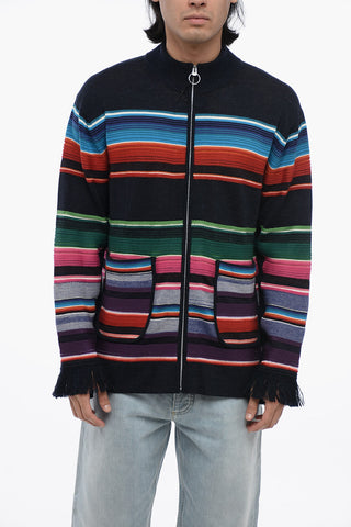 Striped Sweater With Zip Closure And Fringed Cuffs