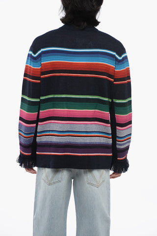 Striped Sweater With Zip Closure And Fringed Cuffs