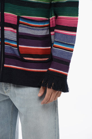 Striped Sweater With Zip Closure And Fringed Cuffs