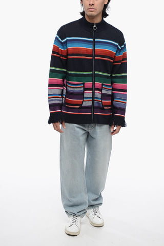 Striped Sweater With Zip Closure And Fringed Cuffs