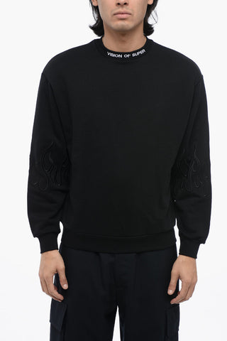 Brushed Cotton Crewneck Sweatshirt with Embroidered Flames