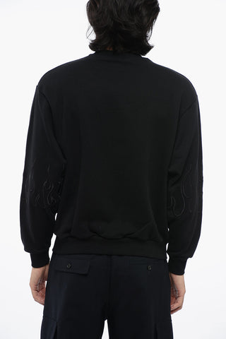 Brushed Cotton Crewneck Sweatshirt with Embroidered Flames