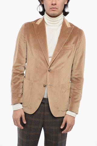 Blazer Sfoderato in Velour Herringbone con Tasche a Toppa