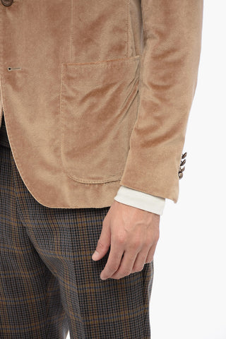 Blazer Sfoderato in Velour Herringbone con Tasche a Toppa