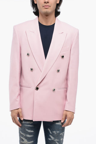 Double-breasted Wool Blend Blazer with Jewel Buttons
