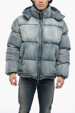 Piumino in Denim Stone Washed con Cappuccio Logato