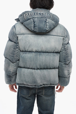 Piumino in Denim Stone Washed con Cappuccio Logato