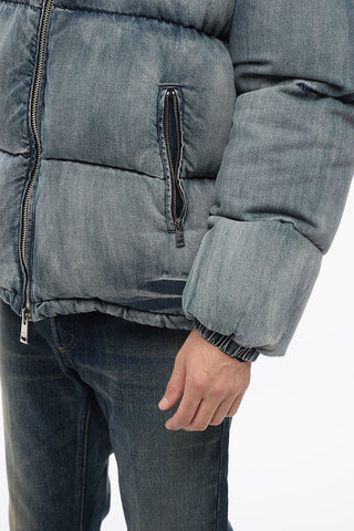 Piumino in Denim Stone Washed con Cappuccio Logato