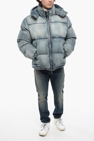 Piumino in Denim Stone Washed con Cappuccio Logato