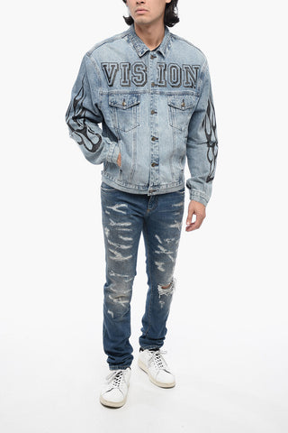 Giubbotto Sahariano in Denim con Logo in Lettering