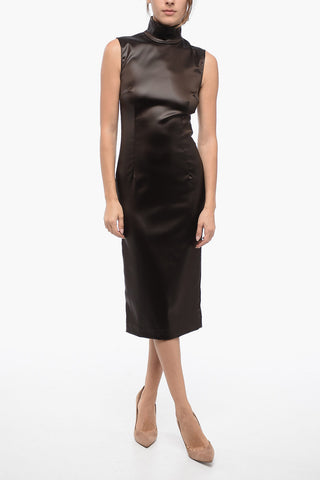 Satin Midi Sheath Dress with Back Full Zip
