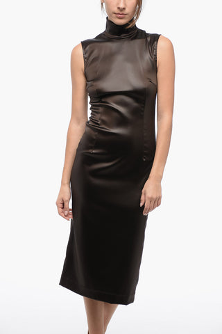 Satin Midi Sheath Dress with Back Full Zip