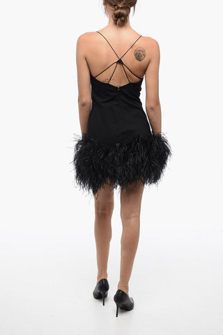 Vestito Stretchy Logato con Orlo in Piume