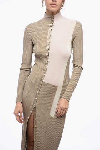 Knitted Silk Shirt Dress with Color Block Motif