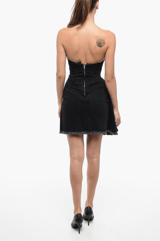 Denim Bustier Dress with Fringed Hem