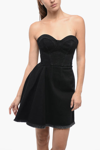 Denim Bustier Dress with Fringed Hem