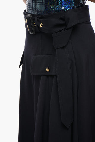 Gonna Svasata in Misto Lana con Cintura e Tasche Utility