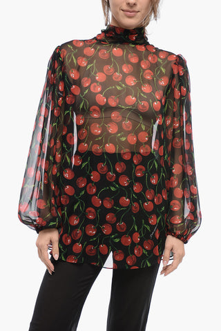 Silk Chiffon CHERRY Tie Neck Blouse