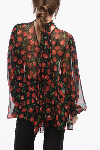 Silk Chiffon CHERRY Tie Neck Blouse
