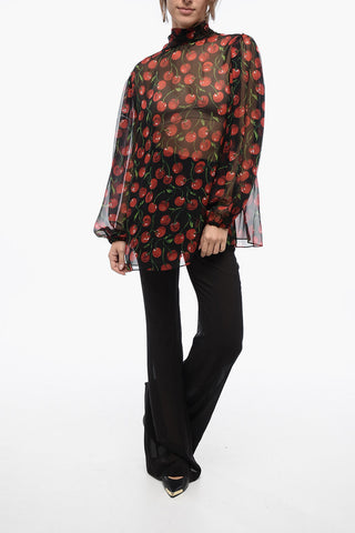 Silk Chiffon CHERRY Tie Neck Blouse
