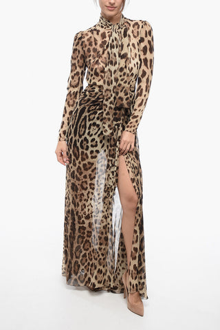 Draped Chiffon Tie Neck Dress with Animal Motif