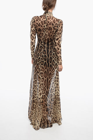 Draped Chiffon Tie Neck Dress with Animal Motif