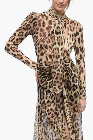 Draped Chiffon Tie Neck Dress with Animal Motif
