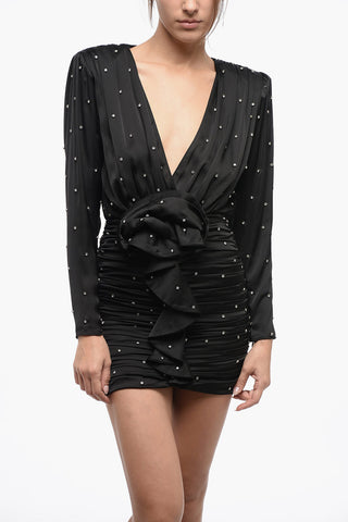 All-Over Strass Draped Mini Dress with Deep Plunge
