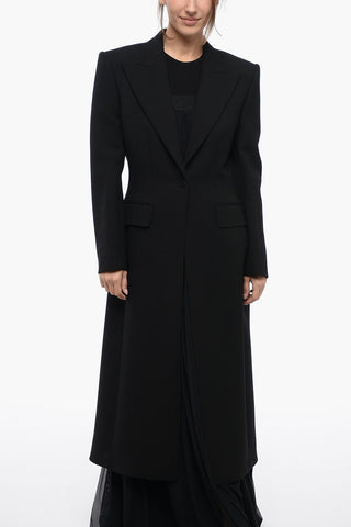 Single-breasted Wool Blend Coat with Peak Lapel