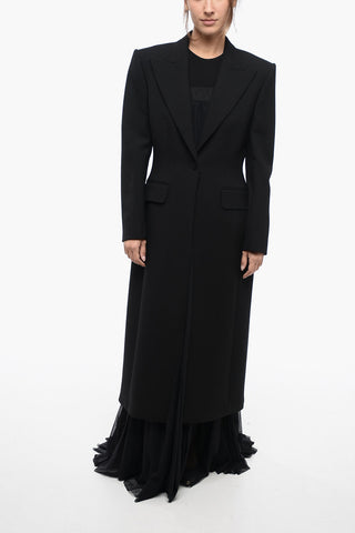 Single-breasted Wool Blend Coat with Peak Lapel