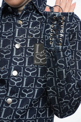 Denim-Monogramm-Bluse mit Schnür-Manschetten