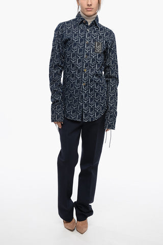Denim-Monogramm-Bluse mit Schnür-Manschetten