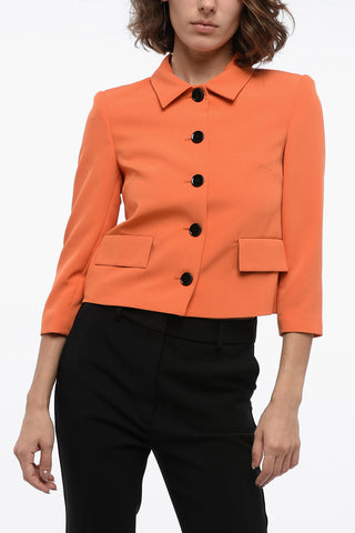 Solid Color Blazer with Flap Pockets and Contrast Buttons