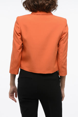 Solid Color Blazer with Flap Pockets and Contrast Buttons