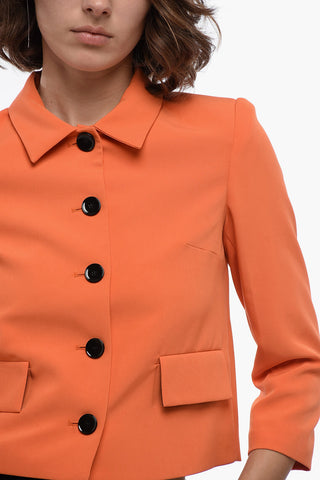 Solid Color Blazer with Flap Pockets and Contrast Buttons