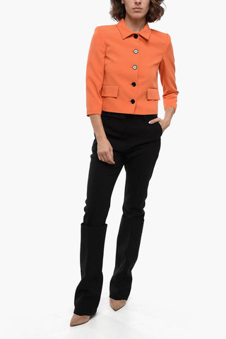 Solid Color Blazer with Flap Pockets and Contrast Buttons