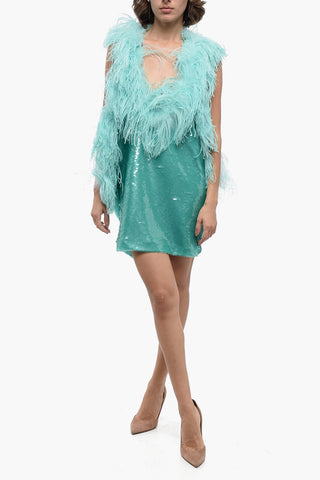 Sequined Mini Dress with Feathers Application